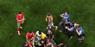 نظرة عامة وأهداف مباراة كأس العالم 2026 بين المغرب وهايتي اللاعبون المغاربة بعد المباراة . (فرانس برس)